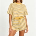 thumbnail image 3 of KIHOUT Women's Striped 2 Piece Outfit Short Sleeve Crew Neck Top and Drawstring Waist Shorts Set Casual Summer Tracksuit Loose Fit Stretchy Pajama Sets for Women Daily Wear Vacation, 3 of 6