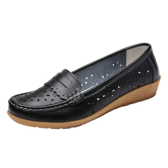 Ahabrexf Women's Slip-On Loafers Leather Breathable Lightweight Non-Slip Wedge Sole Summer Casual Work Shoes