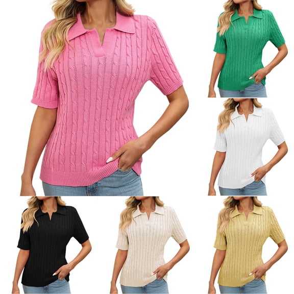 Olyvenn Women's Short Sleeve Cable Pullover Knit Sweater Spring Summer Women's Solid Color Lapel V Neck Knitted Top Beige XL