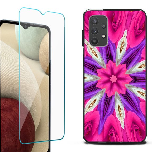 Slim-Fit Flexible TPU Gel Phone Case (black) for Samsung Galaxy A32 5G, with Tempered Glass Screen Protector, by OneToughShield ® - Kaleidoscope Rose