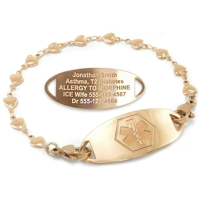MedicEngraved Rose Gold Stainless Steel Custom Medical Alert Bracelet - 5mm Heart Link