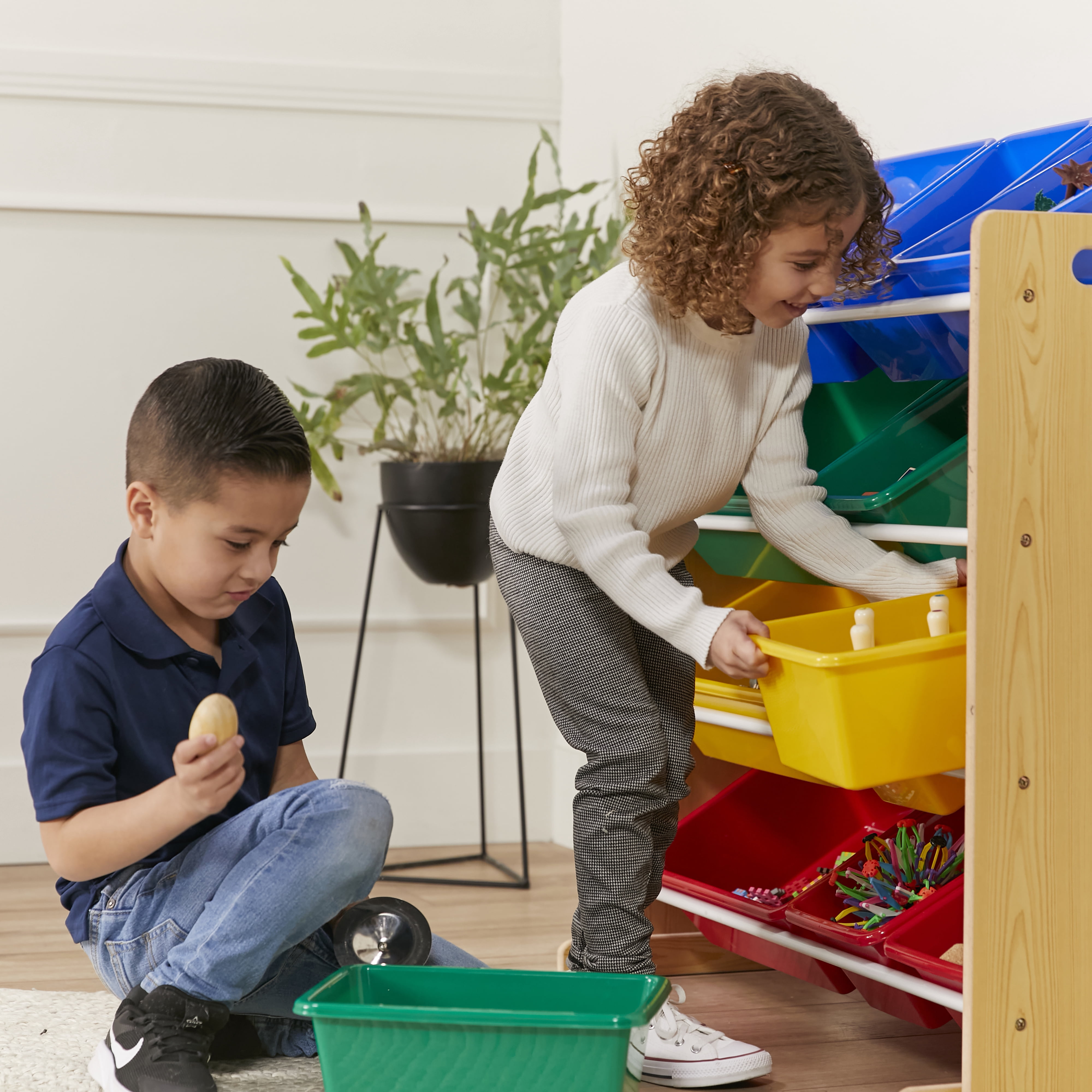 ECR4Kids 4-Tier Organizer with 16 Removable Plastic Bins, 4x4, Toy Storage, Natural/Primary