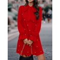 thumbnail image 6 of Women'S Pearl Beaded Tie Neck Long Sleeve Casual Work Short Dress Red XL, 6 of 9