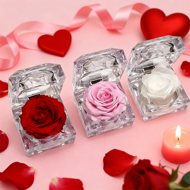 Joyero De Rosas Transparentes De 1 Pieza, Regalo Para Enamorados, Caja Especial De Acrílico Con Rosas Preservadas Y Interior De Terciopelo Para Compromisos Y Bodas, Color Rosa Rkxzt