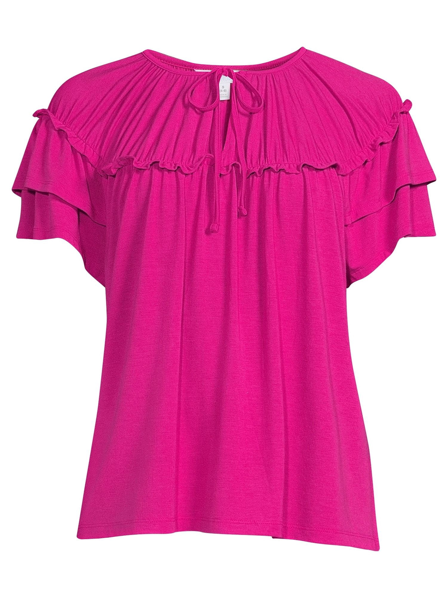 Time and Tru Women's Gathered Top with Flutter Sleeves