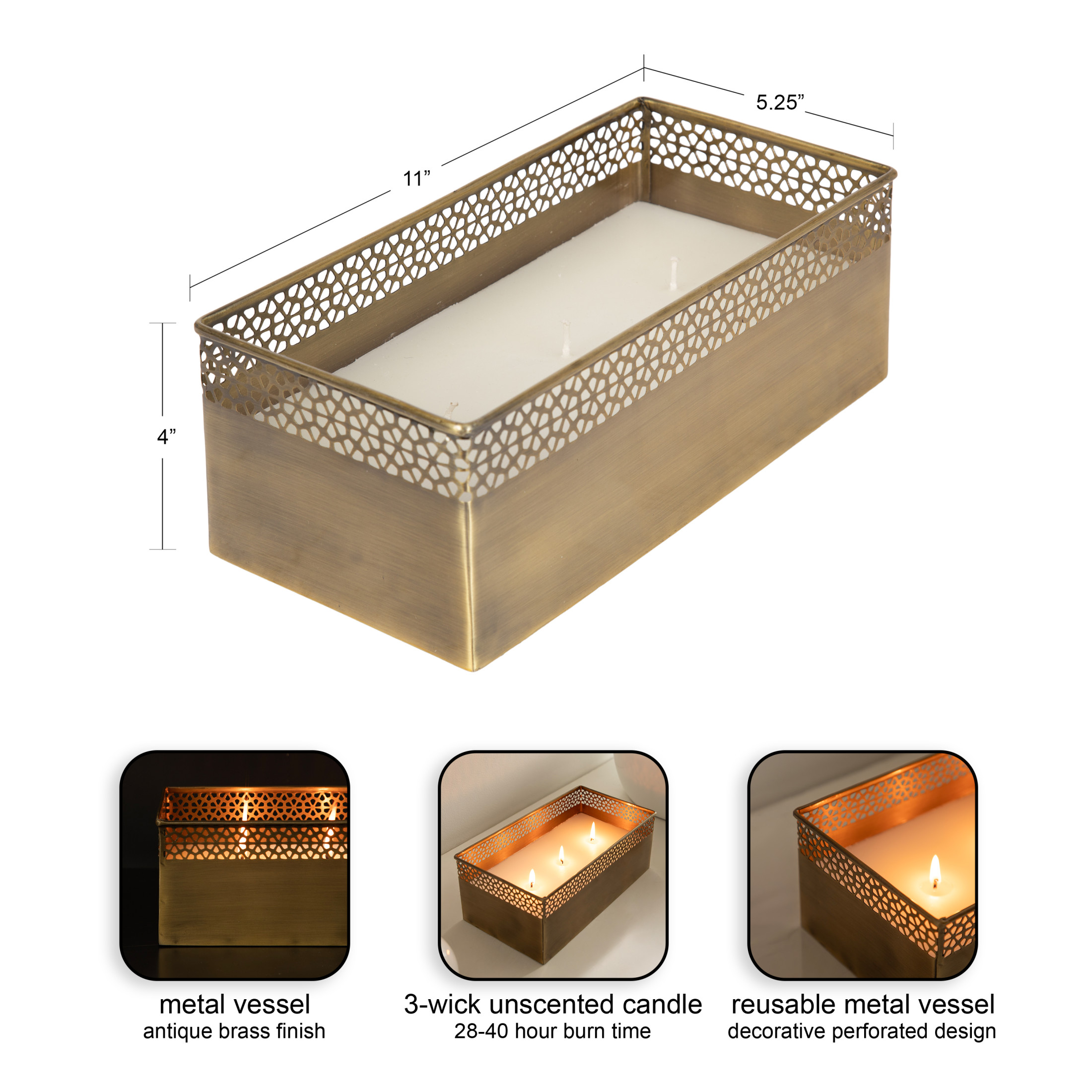 Kate and Laurel Pearce Rectangle Unscented Candle, 11 x 6 x 4, Antique Brass, Large Three-Wick Candle with Decorative Metal Vessel for Living Room Decor