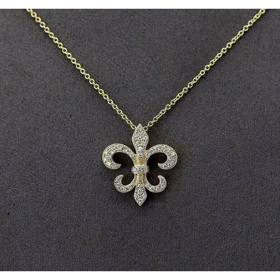 Round Lab-Created Diamond Fleur-De-Lis Pendant Chain In 14k Yellow Gold Finish