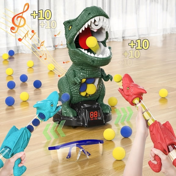 Dinosaur Toys for Kids - Dinosaur Shooting Games with Movable Target, 2 Air Pump Launchers, 24 Balls & LCD Score – Fun Hand-Eye Coordination Toy for Boys & Girls – Best Christmas Gift