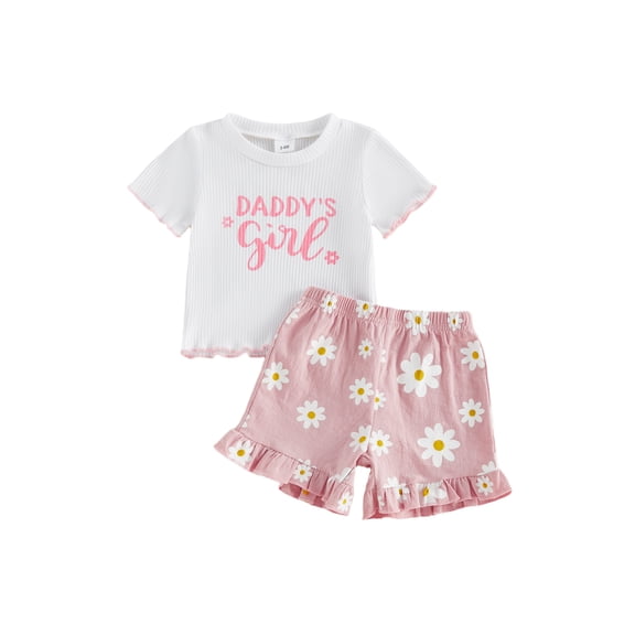 BemeyourBBs Toddler Baby Girl Summer Clothes Cute Fathers Day Infant Baby Girl Daddy's Girl Outfit Cute Letter Flower Print Ruffled Trim Short Sleeve T Shirt Tops and Shorts Set