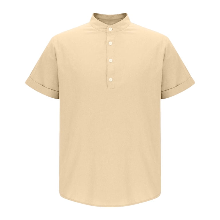 Men's Cotton Henley Shirt - Short Sleeve, Faux Linen Texture, Beach & Casual Wear, Summer Hippie Style