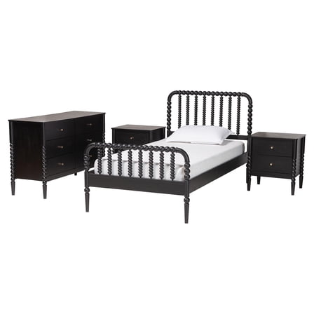 Baxton Studio Lucera Mid-Century Black Full Size 4-Piece Bobbin Bedroom Set