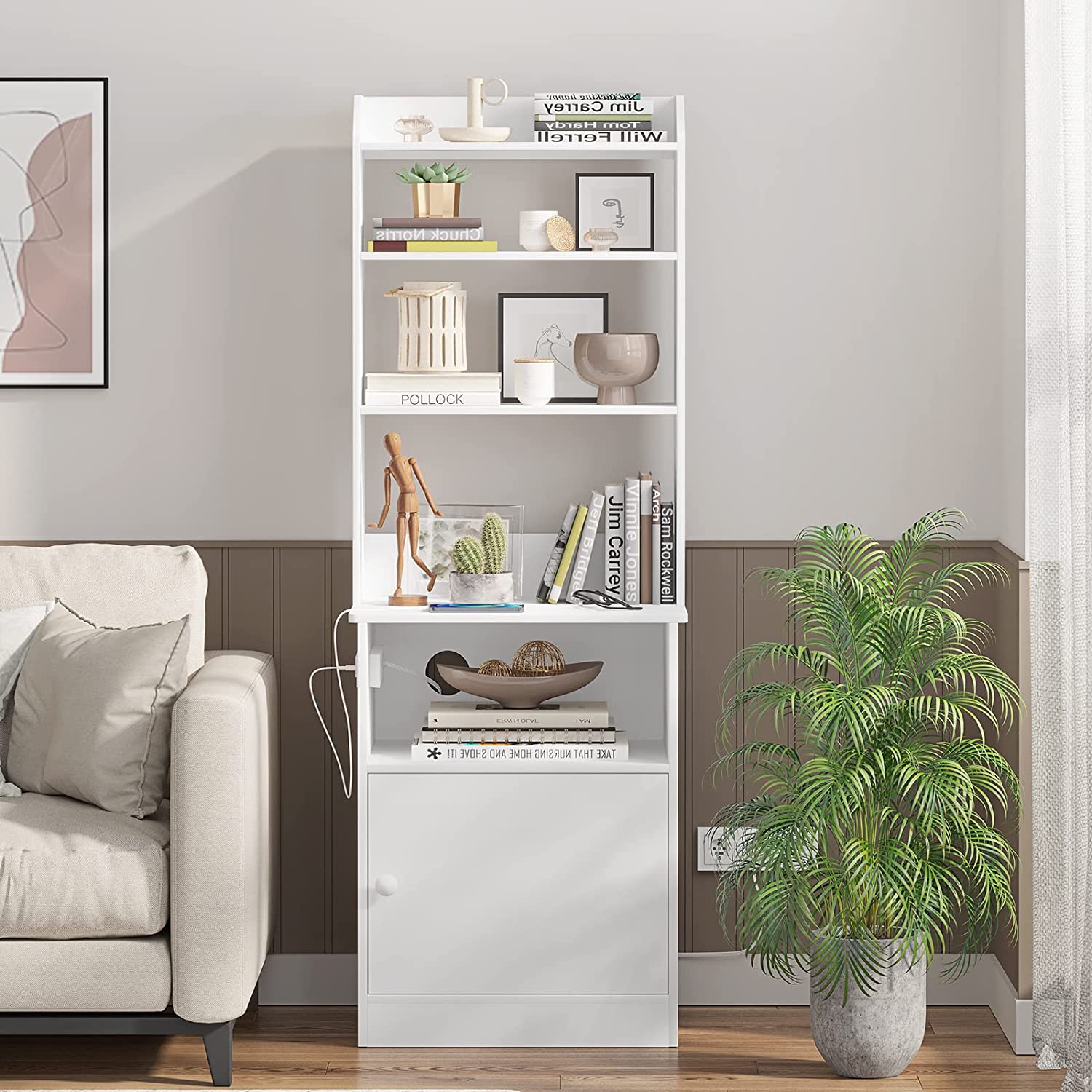 Kicode Nightstand with Charging Station, Tall Bedside Table with 3 Open