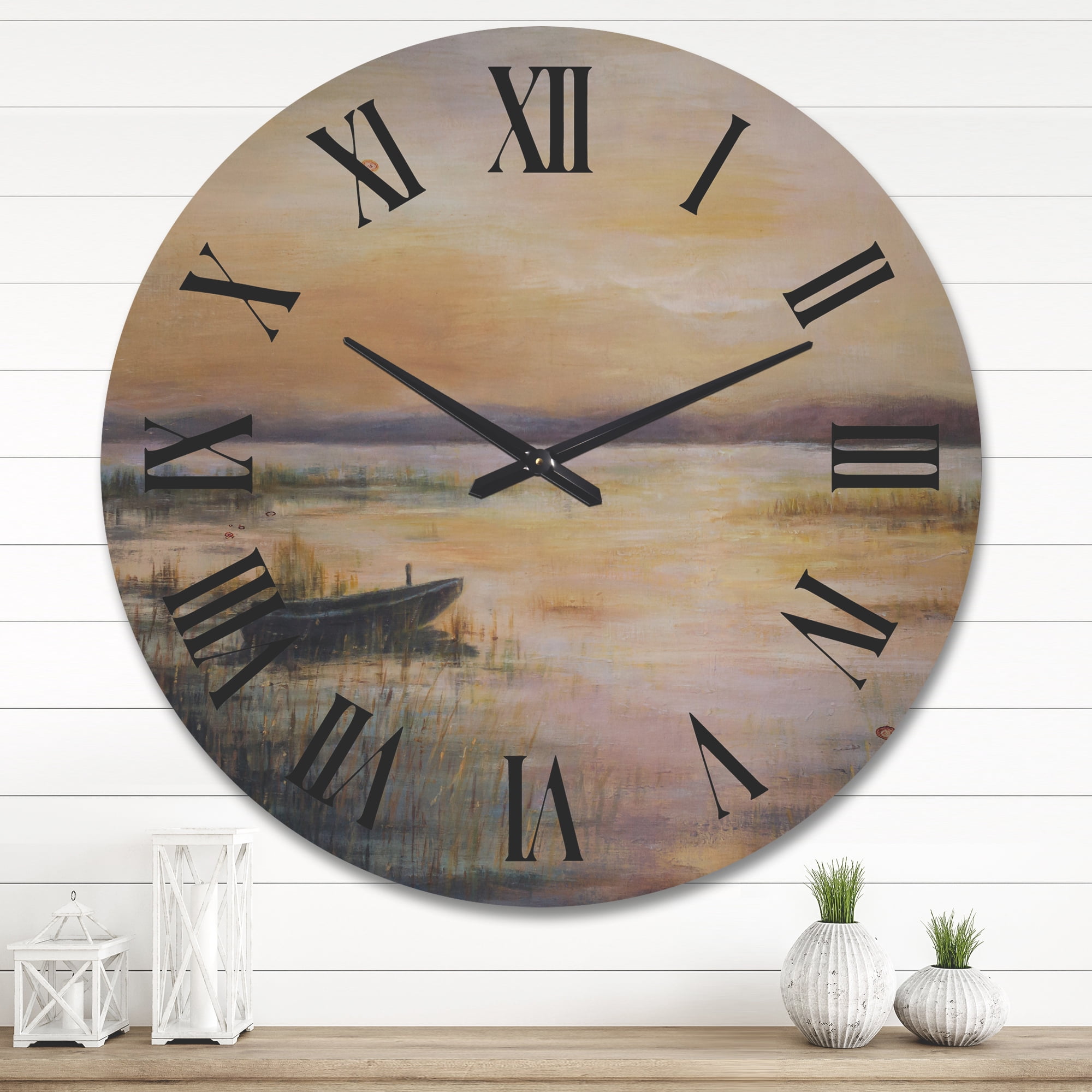 Designart 'Pastel Boat Sunset Over The Lake' Nautical & Coastal Wood Wall Clock