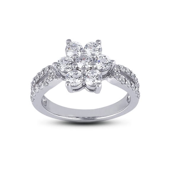 Women's Floral Cluster Diamond Engagement Ring, Seven Stone Diamond Ring, Double Shank Solitaire With Accents Diamond Ring, 925 Sterling Silver, 2.4 Ct Simulated Diamond
