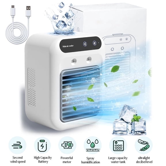 Portable Air Cooler Fan with Water Mist, Mini Evaporative Cooling Fan with 2 Speeds, Rechargeable Personal Fan and Humidifier for Desk Office Bedroom Travel, White