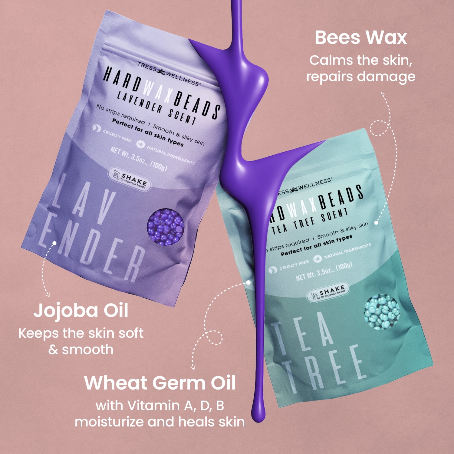 Tress Wellness Hair Removal Waxing Kit for Men & Women with Hard Wax Beads, Pink