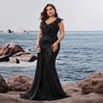 thumbnail image 2 of AURA Plus Size Evening Dress Sequin V Neck Ruffle Sleeve Party Long Slim Fit Black Polyester 0XL-4XL, 2 of 7