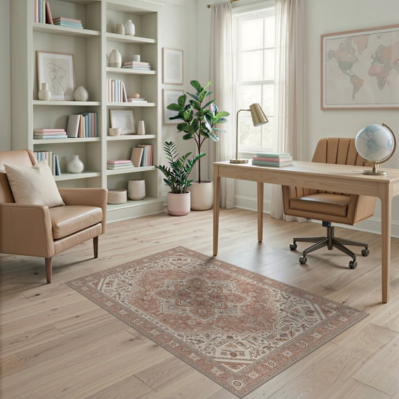 ODIKA 4'x6' Pink Soft Floral Design Washable Area Rug Elegant Rose Motif with Vintage Charm for Bedroom, Reading Nook, Pet Friendly & Non-Shedding