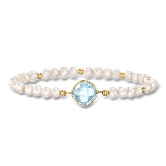 Ross-Simons 4.60 Carat Sky Blue Topaz and 4-5mm Cultured Pearl Bracelet in 14kt Yellow Gold, Women's, Adult