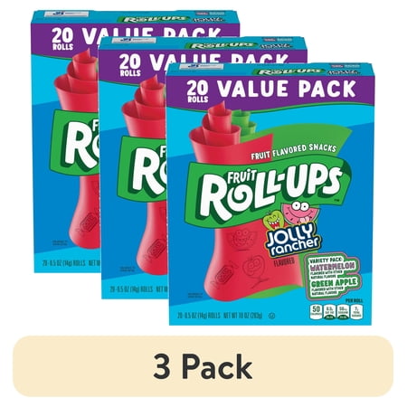 (3 pack) Fruit Roll-Ups Fruit Flavored Snacks, Jolly Rancher, Variety Pack, 20 ct