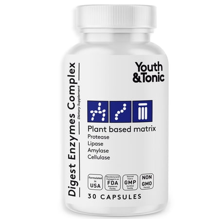 Youth & Tonic Digest Enzymes Complex – Digestive Health and Nutrient Absorption – 30 Vegan Caps