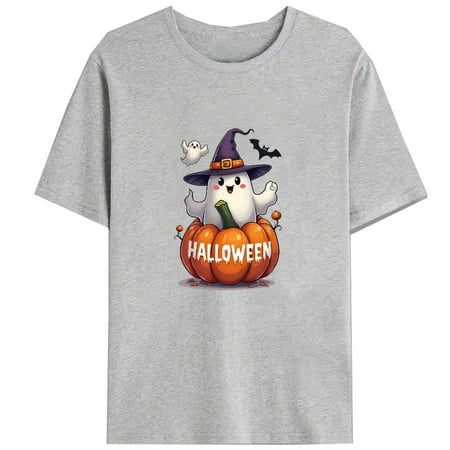 Halloween Playful Specter Wizard Hat T Shirt Pumpkin Bat Design Graphic Tees Vintage Trendy Tops Gray S-3XL