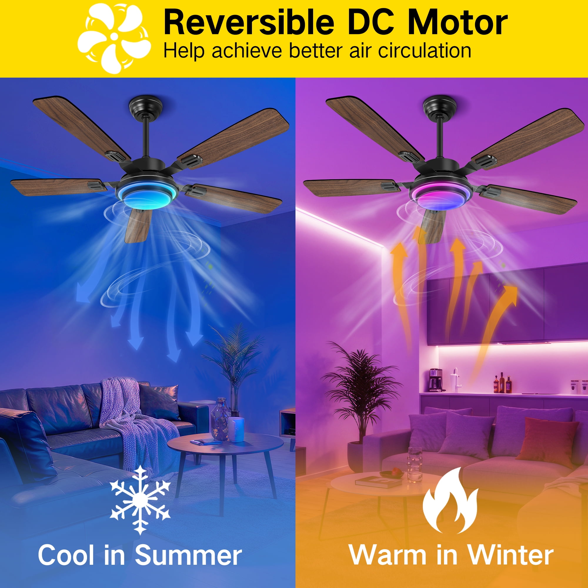 OUTON 52" Ceiling Fans with Light Remote Control, Flush Mount, 5 Blades,Reverse DC Motor Quiet Ceiling Fans, Dimmable Modern Ceiling Fan for  Living Room, Bedroom,Walnut