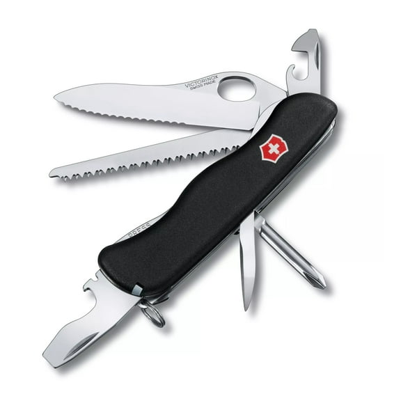 Victorinox One Hand Trekker Lockblade Swiss Army Knife, 12 Function Pocket Knife with Large Serrated Blade, Wood Saw and Screwdriver - Black, Blister