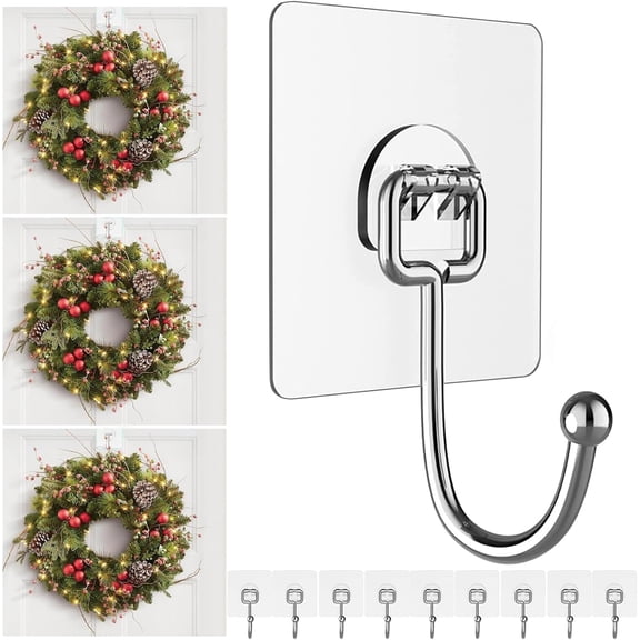 Big Wreath Hangers for Front Door,Large Clear Wreath-Door-Hanger-Easter-Christmas-Halloween-Decorations,60lb Over-The-Door-Hooks Glass Door,Adhesive Wall-Hooks for Hanging Wreath Home-Decor (10)