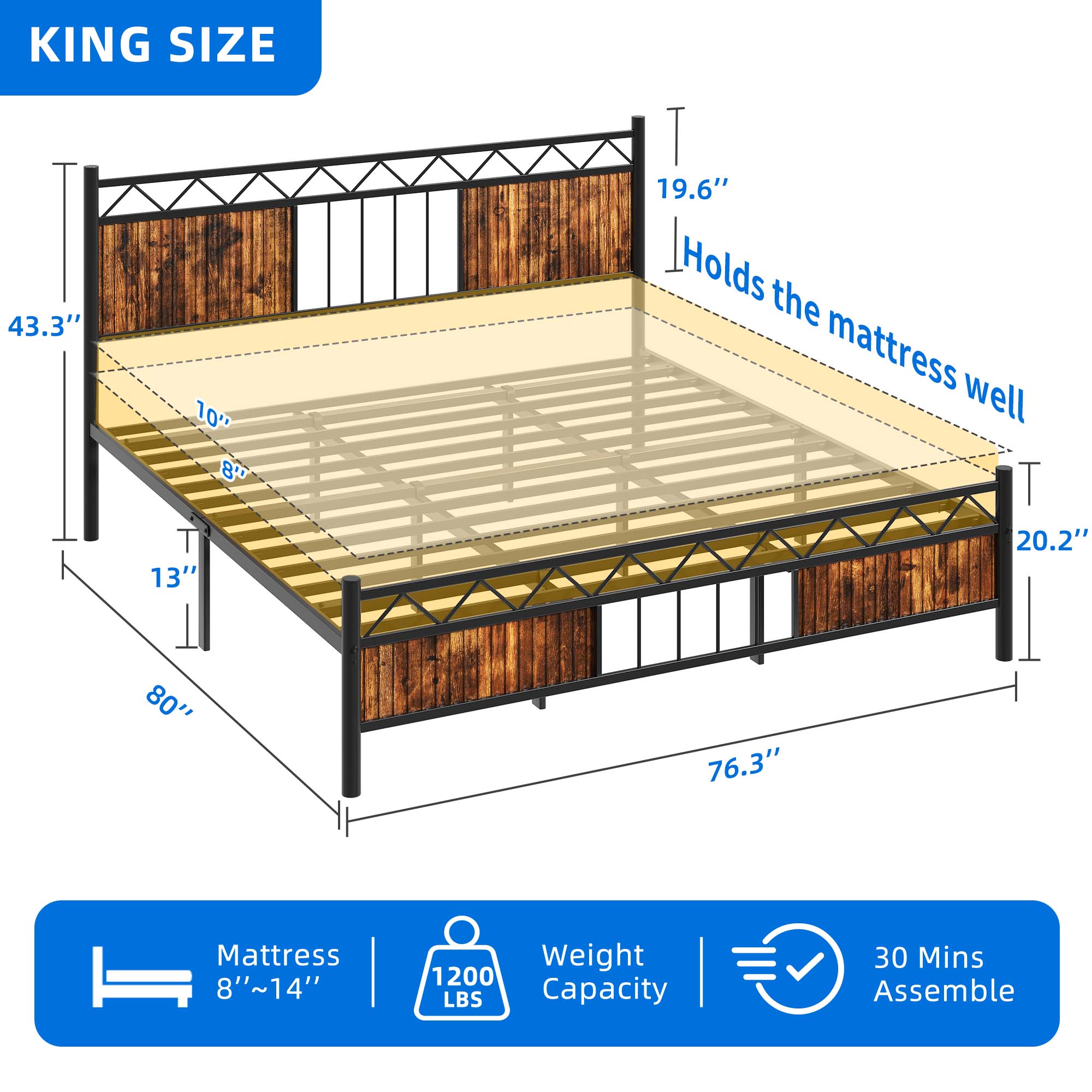 DEXTRUS King Size Platform Metal Bed Frame with Headboard & Soundproof Cotton, Black & Brown