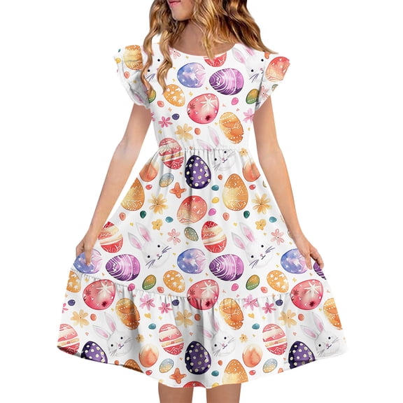 Girls Easter Dress Spring Ruffle Flutter Sleeve Tiered Multicolor Polyester Spandex Sizes 5-14,Size 13 T
