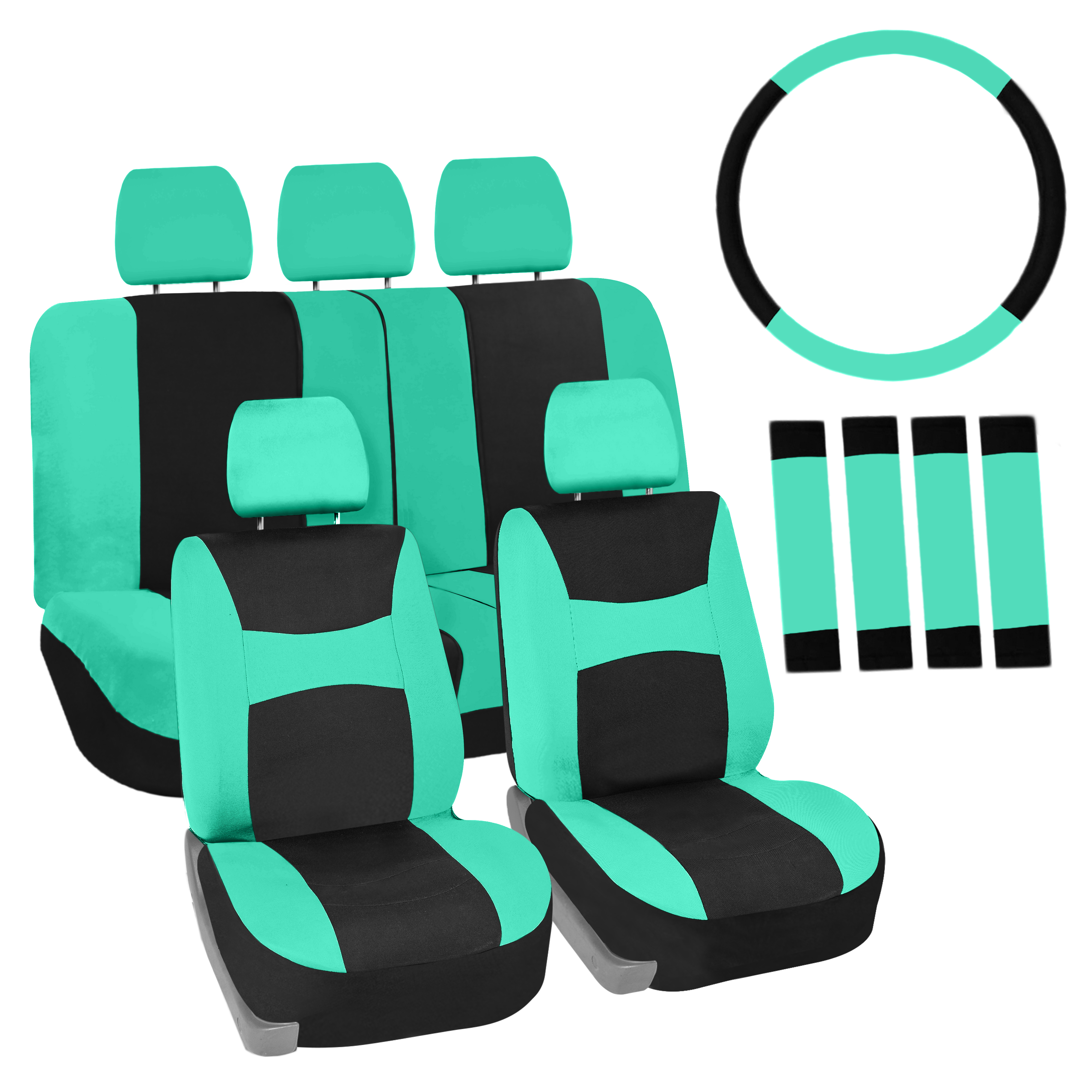 FH Group 3 rows Cloth Car Seat Covers for SUV, Sedan, Van Full Set - Universal Fit Automotive Seat Covers, Split Bench Rear Seat with Steering Wheel Cover, 4 Seatbelt Pads FB030217MINT-COMBO - image 2 of 7