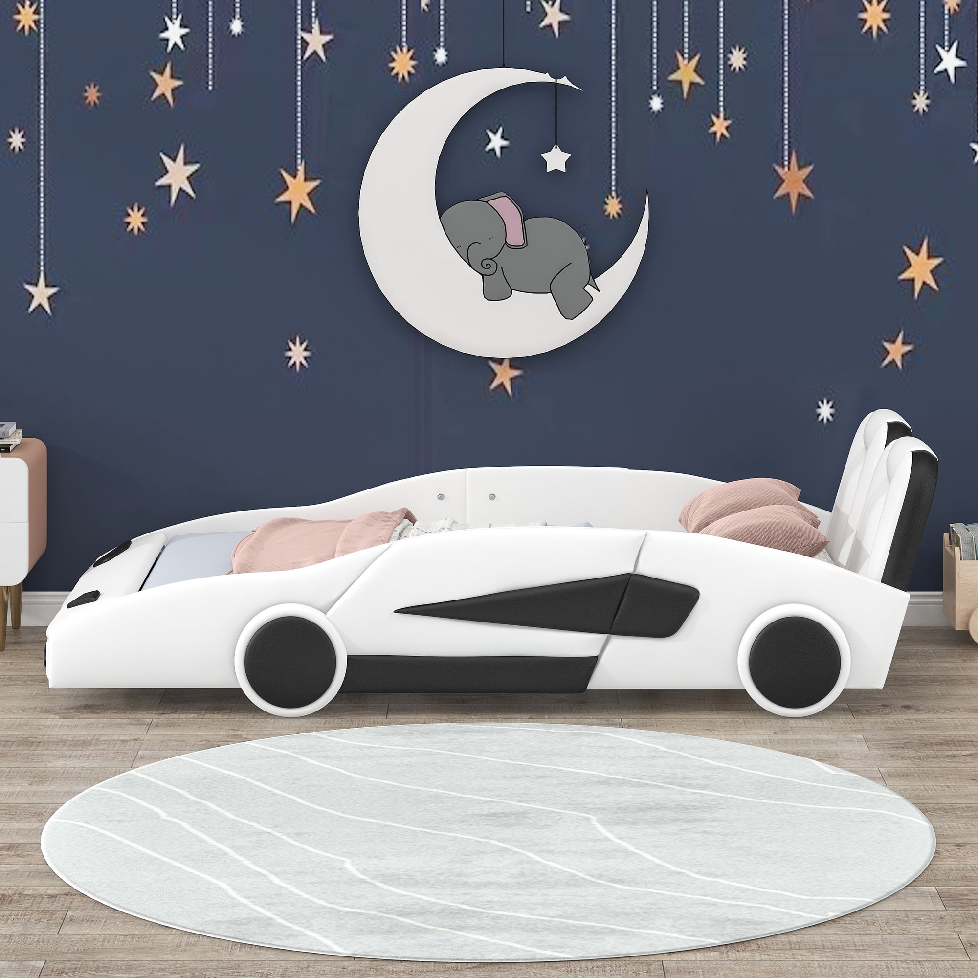 Euroco Modern Wood Race Car-Shaped Twin Platform Bed for Kids Teens Bedroom, Upholstery Car Bed for Kids Gift, White