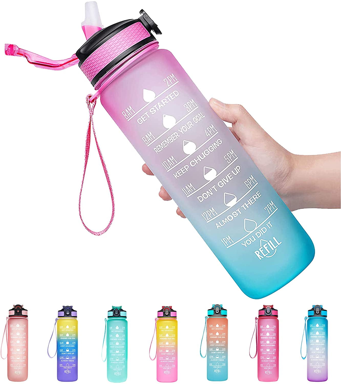 32oz Leakproof Water Bottle with Time Markings & Straw lid to Ensure You Drink Enough Water Throughout The Day for Fitness and Outdoor Enthusiasts BPA Free With straw Brush 