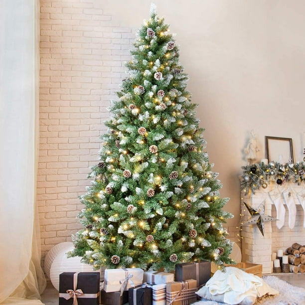 Oasiscraft 7 5 Ft Snow Flocked Christmas Tree With 350 Led Lights Artificial Snowy Xmas Tree Pine Cones For Festive Holiday Decor Walmart Com