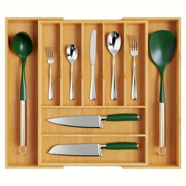 Large Premium Bamboo Silverware Organizer - AOKIWO Expandable Utensil Drawer Organizer - 17"x19.6" Utensil Holder and Cutlery Tray with Grooved for Kitchen Flatware and Utensils(7-9 Slot, Natural)