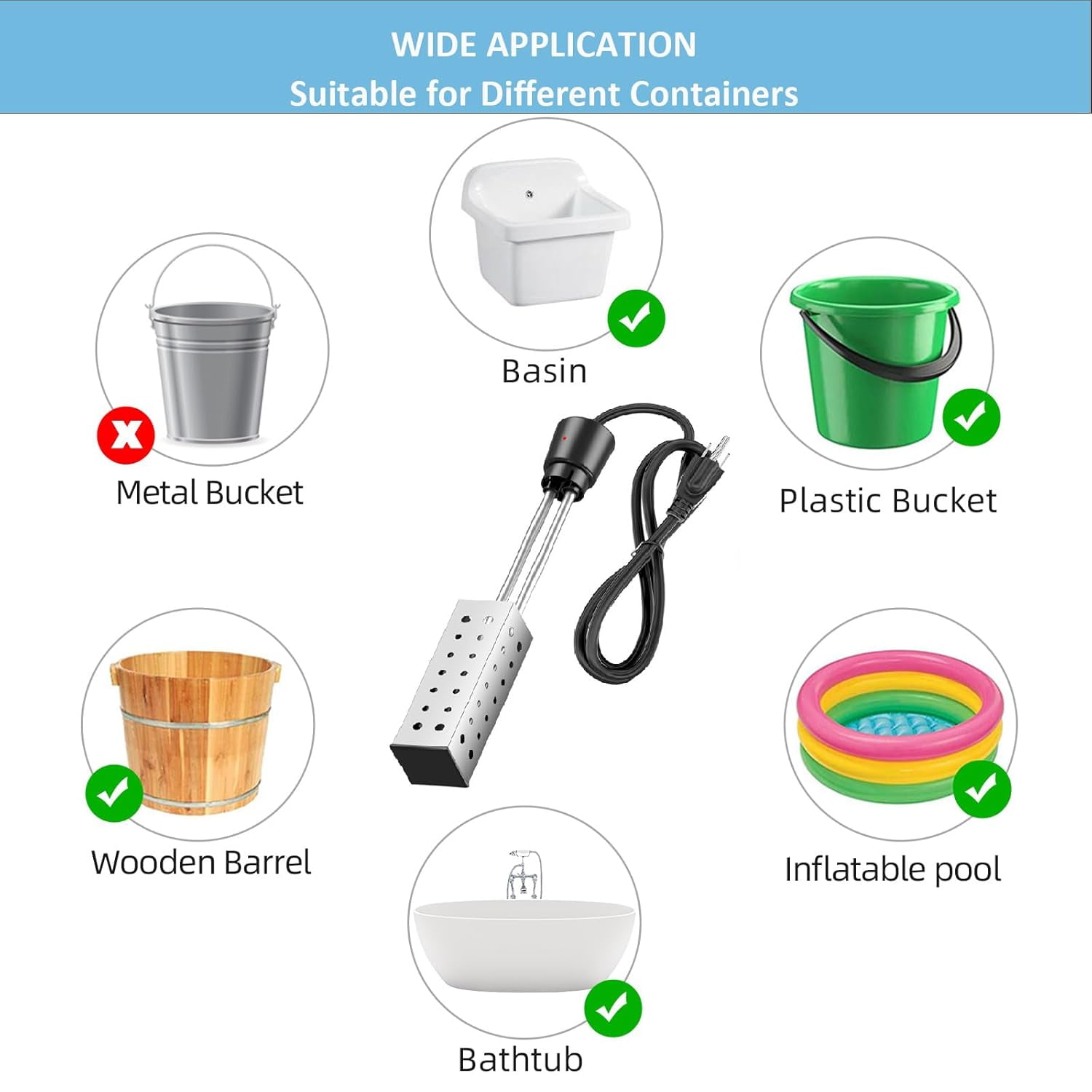 Totowood -Immersion Water Heater for Bathtub, 5 Gallon Bucket Water Heater. Stainless Steel Sumbersible Water Heater Heat Water Fast in Bathtub, Bucket.Pool Heater for Inflatable Pool.