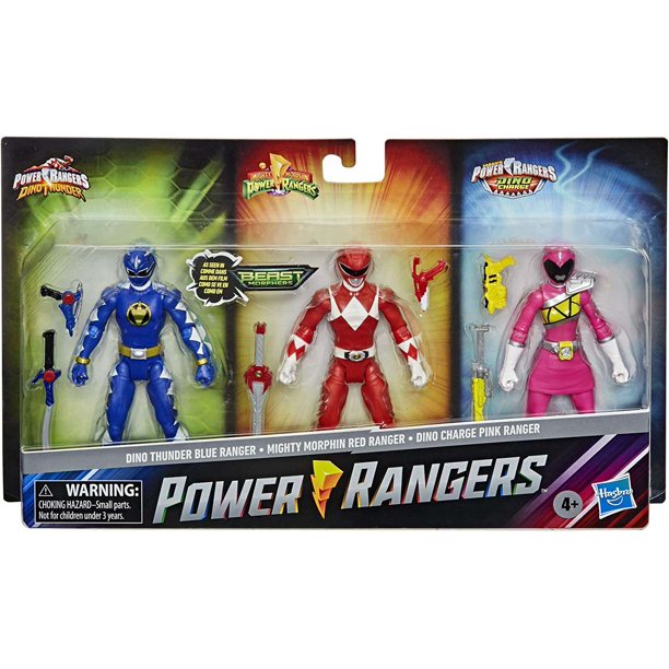 Power Rangers Beast Morphers Dino Thunder Blue Ranger, Mighty Morphin Red Ranger & Charge Pink Ranger Action Figure 3-Pack (No Packaging) -