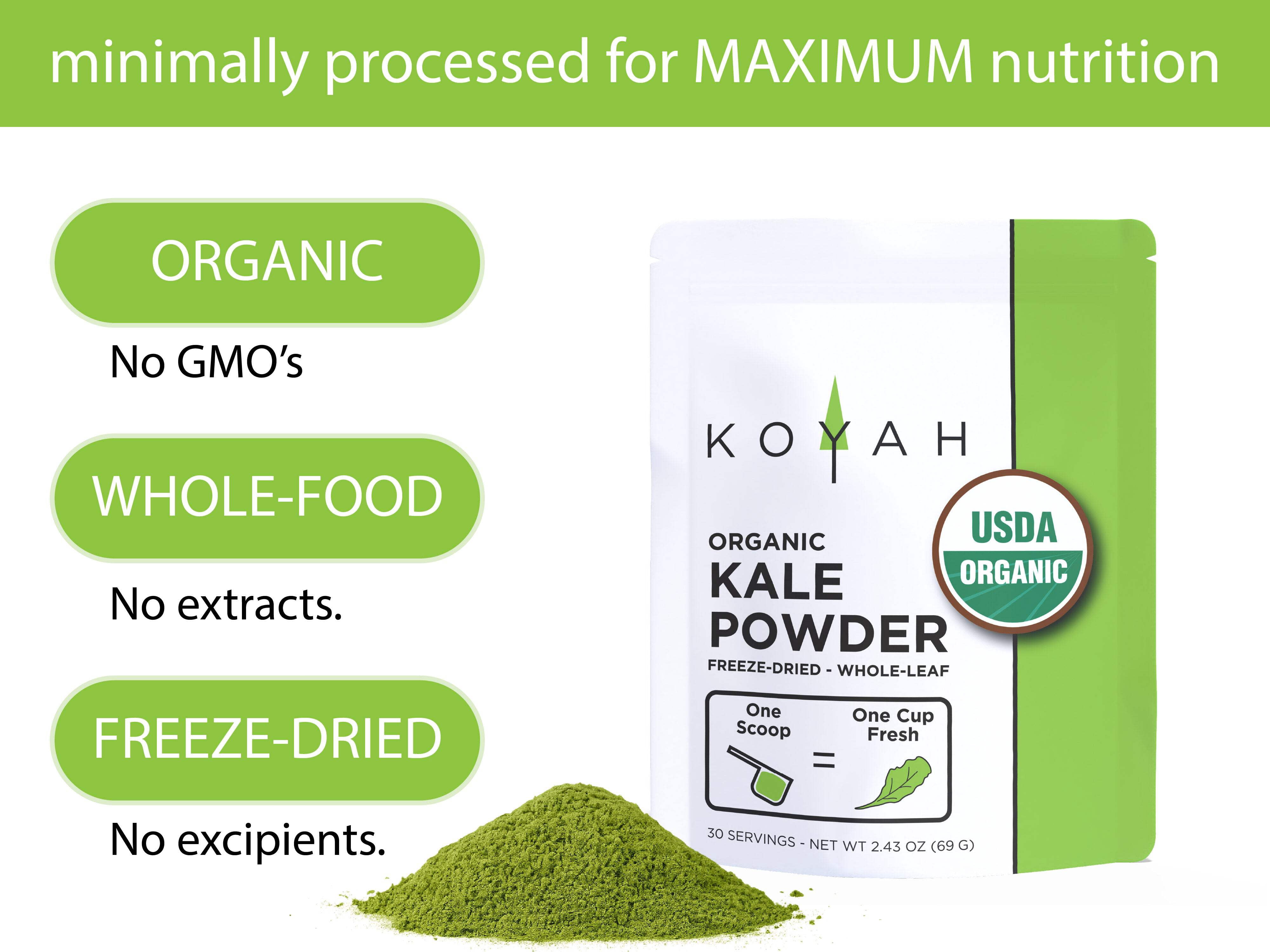 KALE Organic USA Grown Kale Powder (Equivalent to 30 Cups Fresh): Freeze-dried, Whole-Leaf Powder