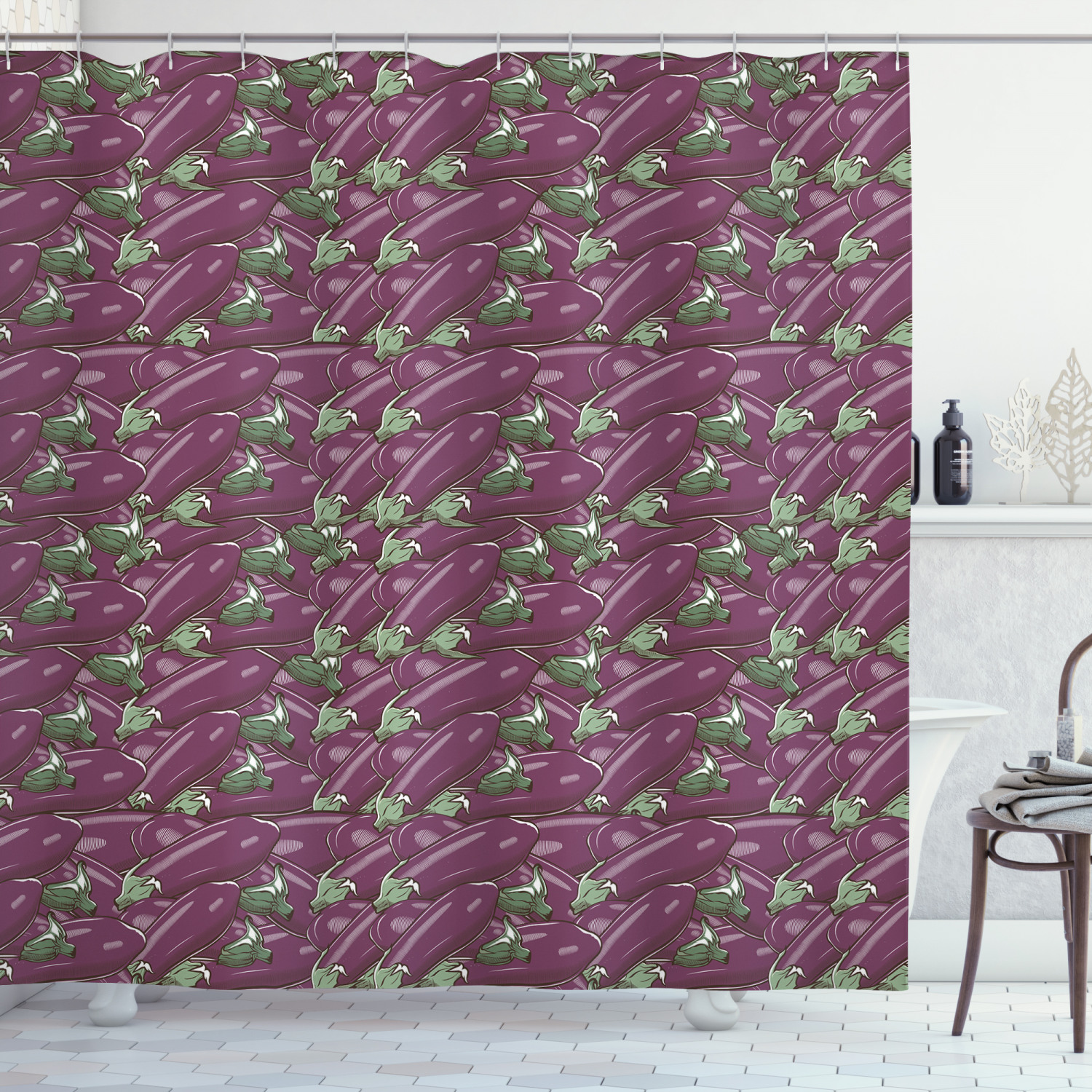 Eggplant Shower Curtain, Retro Inspired Stacks of Delicious Eggplants