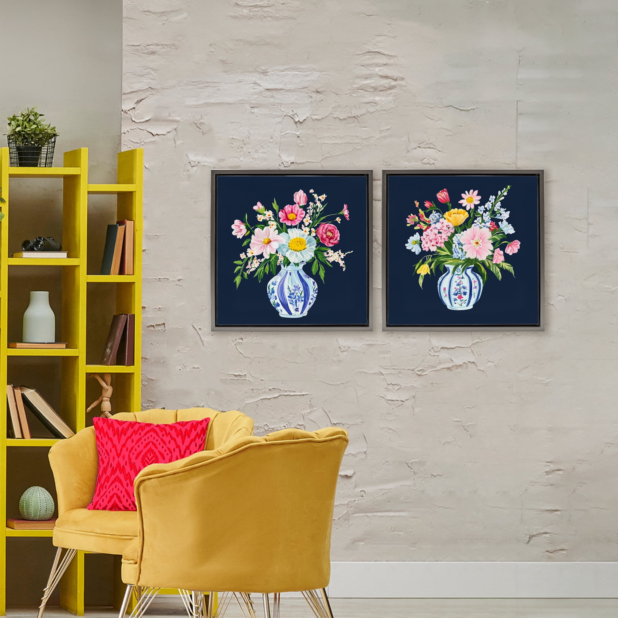 Twin Chinoiserie Vases 2 Piece Gray Framed Floater Canvas Set, design by Yen