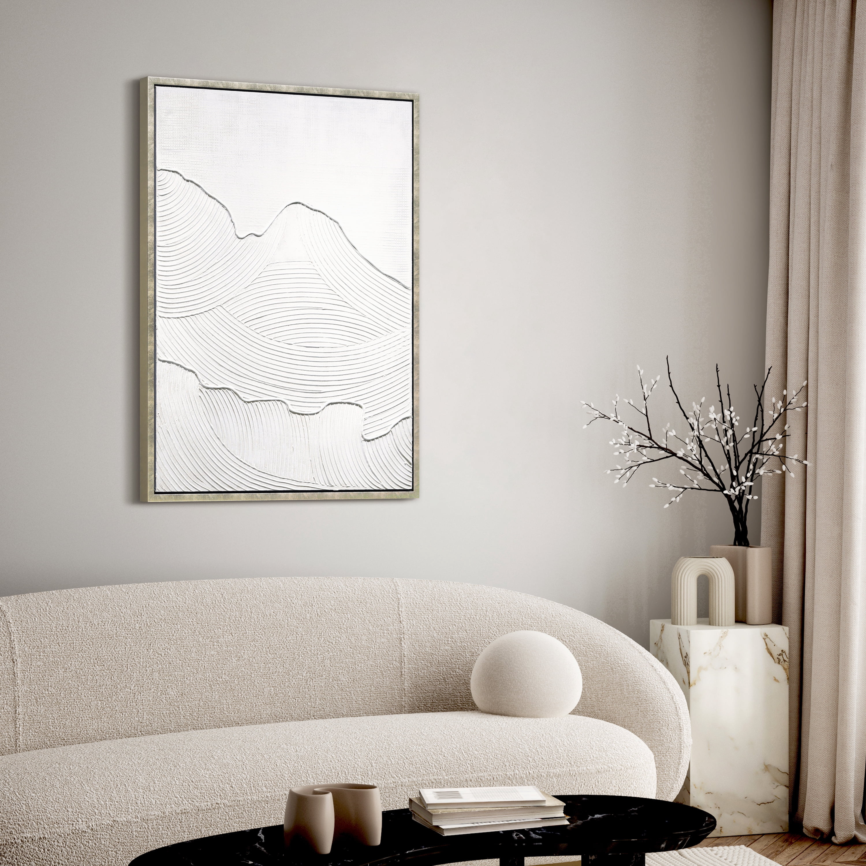 Mountain Serenity Heavily Textured Hand Painted White Framed Canvas Wall Art
