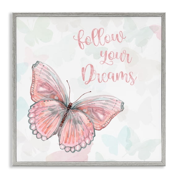 Stupell Industries Cottage Follow Your Dreams Pink Butterfly Gray Framed Giclee Art, 12 x 12, by Carol Robinson