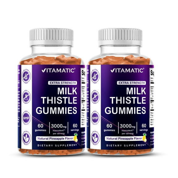 Vitamatic 2 Pack Milk Thistle Gummies - 3000 mg Equivalent - Liver Detox & Anti Oxidant Health - Min. 80% Silymarin Flavonoids - 60 Pectin Based Gummies