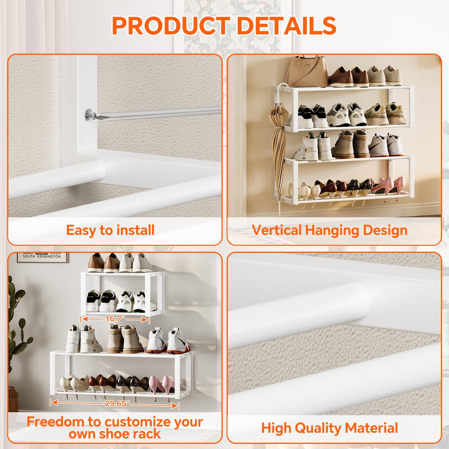 Hanging Shoe Organizer,2 Pack Wall Mounted Shoe Rack Holds 12 Pairs,Space Saving Metal Wall Shoe Rack,Hanging Shoe Rack Shoe Holder for Small Space,Entryway,Closet,RV,Camper（Sliver)
