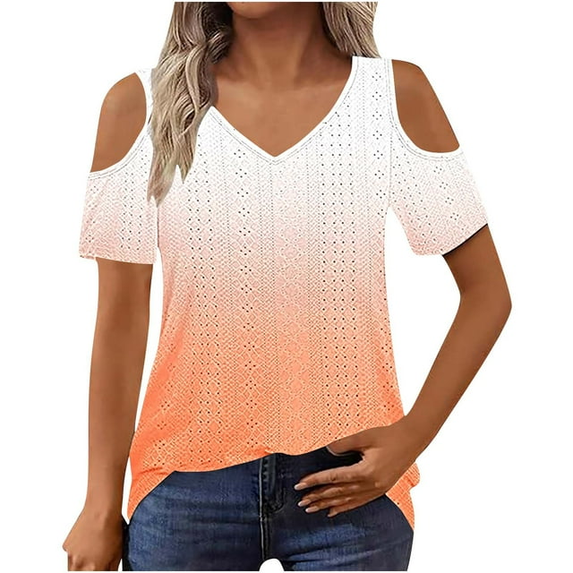 Ovbmpzd Ladies Tops Orange V-Neck Cutout Short Sleeve Comfy Gradient Color Blouses Womens T Shirts XXL