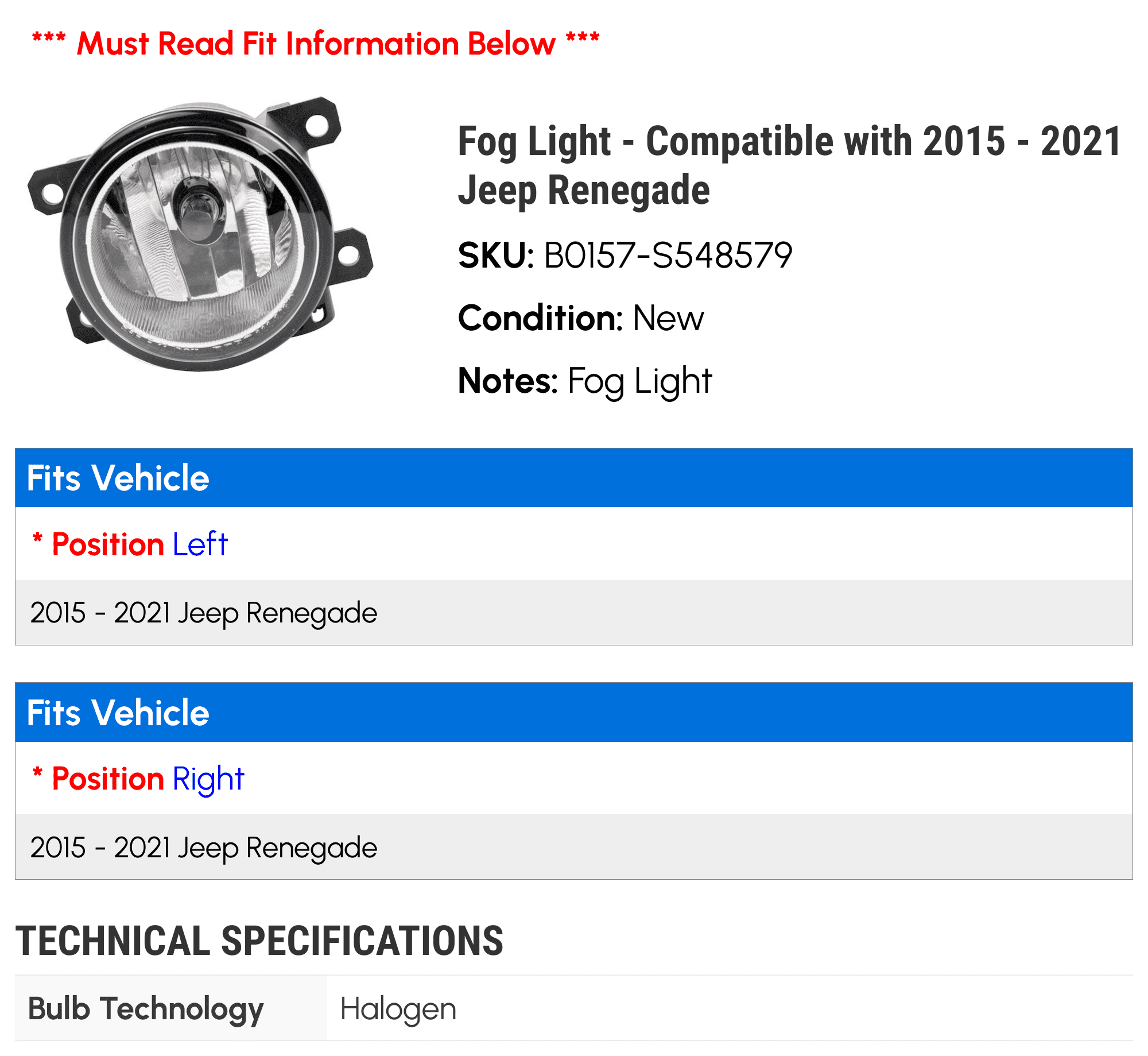 Fog Light - Compatible with 2015 - 2021 Jeep Renegade 2016 2017 2018 2019 2020