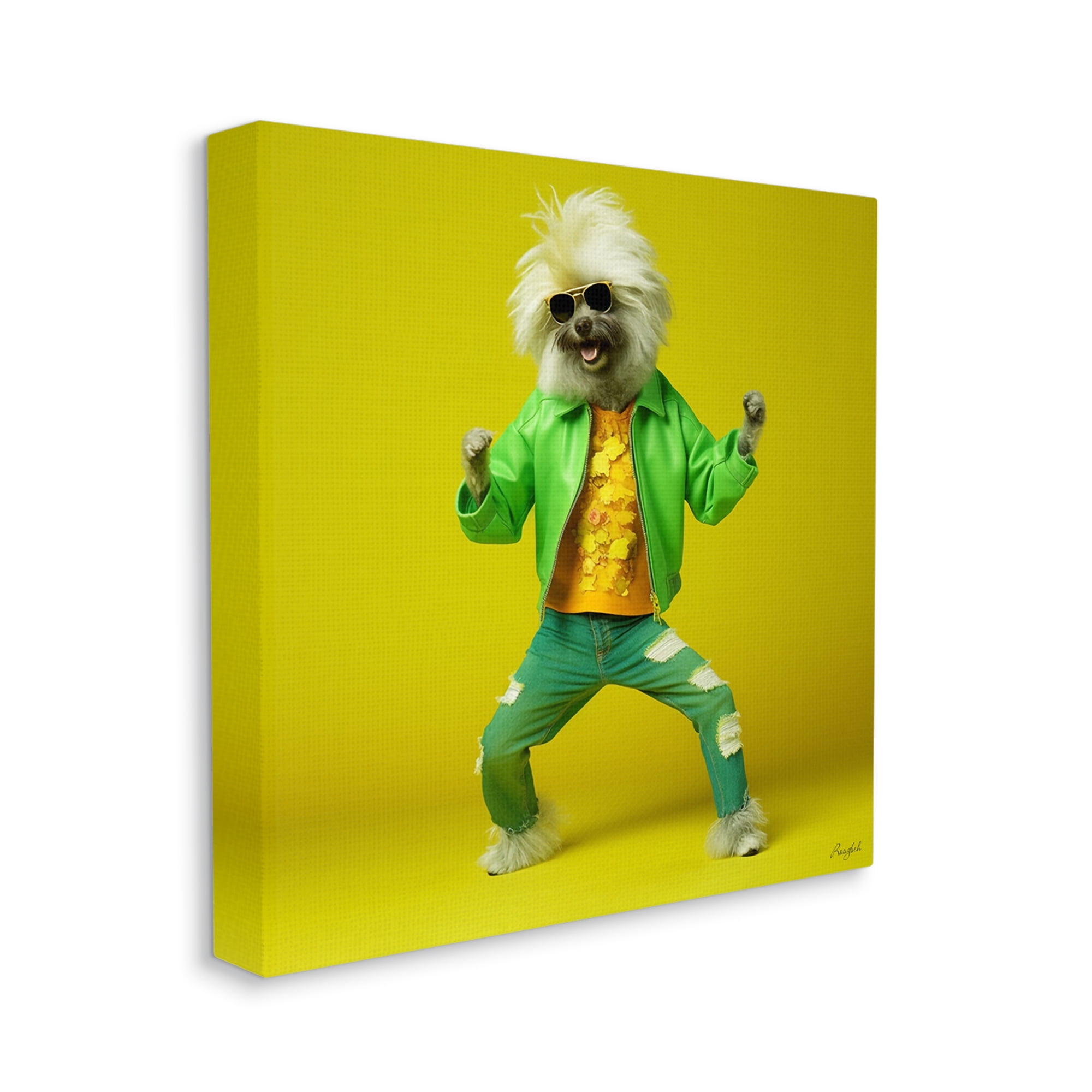 Stupell Industries Dancing Dog in Green Animals & Insects Painting Gallery Wrapped Canvas Art Print Wall Art, 24 x 24
