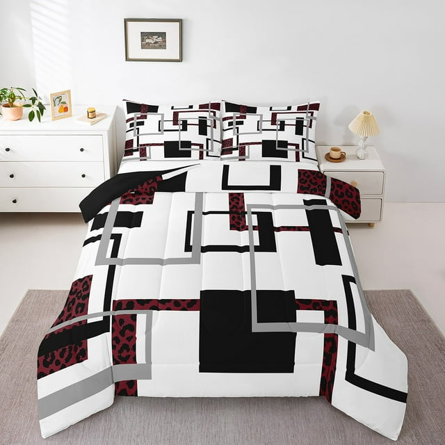 YST Couette Rayée pour Garçons, Literie Imprimée Léopard Abstrait, Ensembles de Literie à Lignes Modernes, Courtepointe Réversible Géométrique Noire avec 2 Taies d'Oreiller Légère, Très Grand