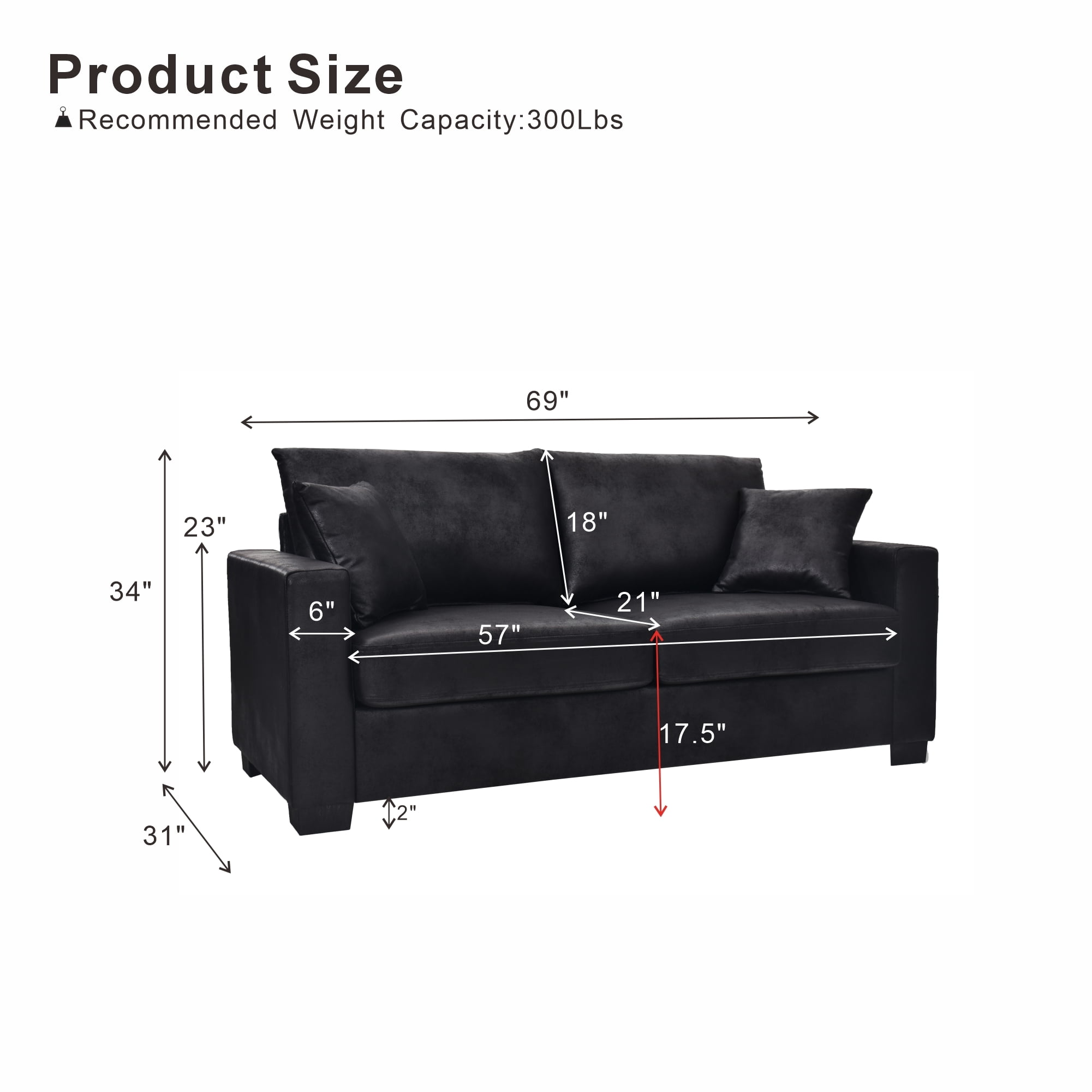Lunale 69" Loveseat Sofa for Small Space, Modern Comfortable 2-Seater Upholstered Couch, Black Faux Leather